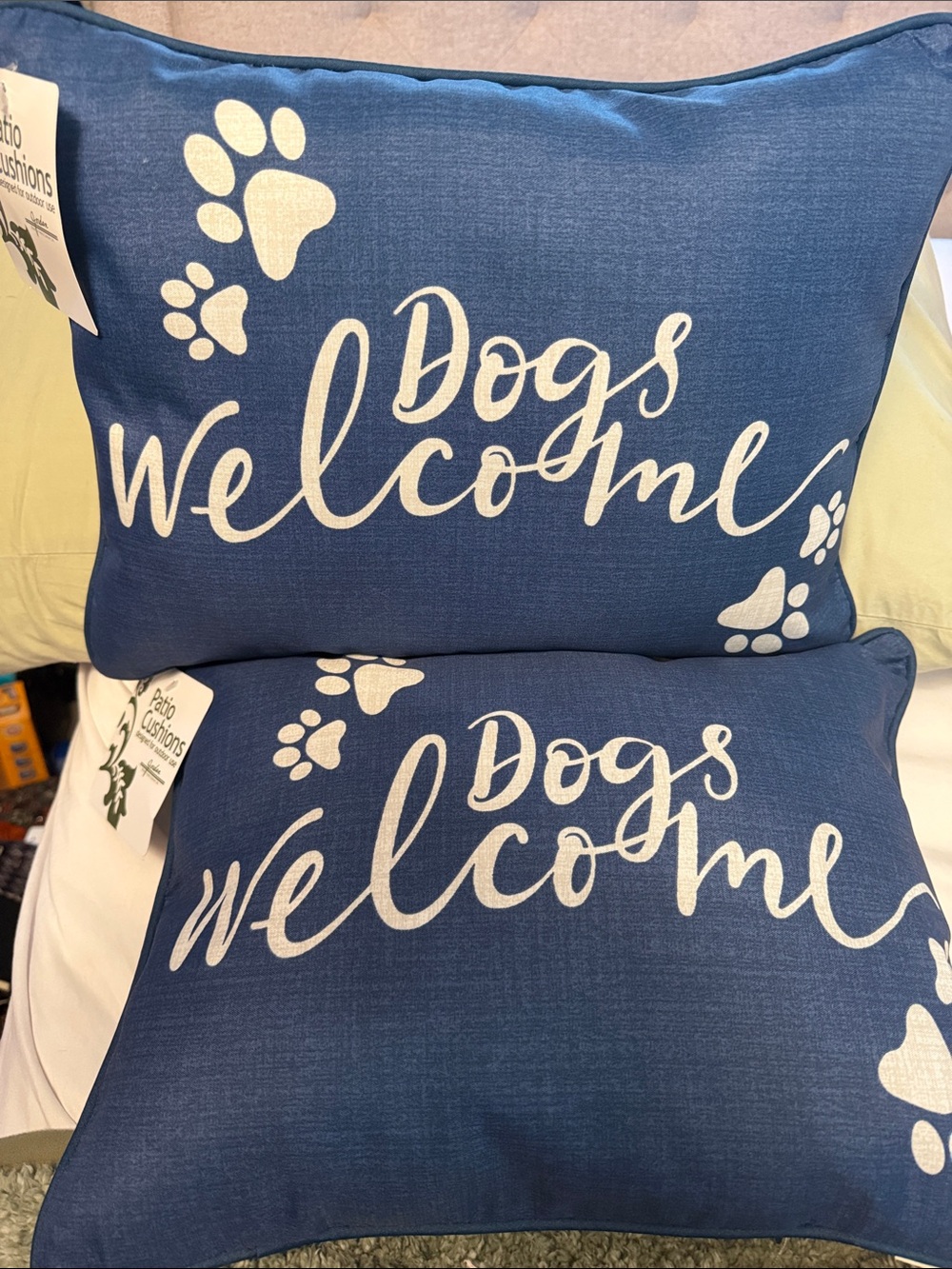 SET OF 2 Jordan Blue & White “Dogs Welcome" Accent Pillows. Outdoor Accents!